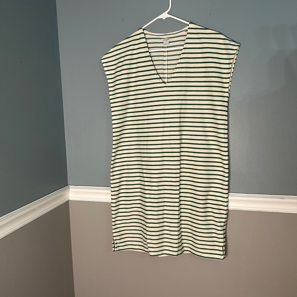 J.Crew Green White Striped V-Neck Pique Cotton Blend Shift Dress Small RN77388
